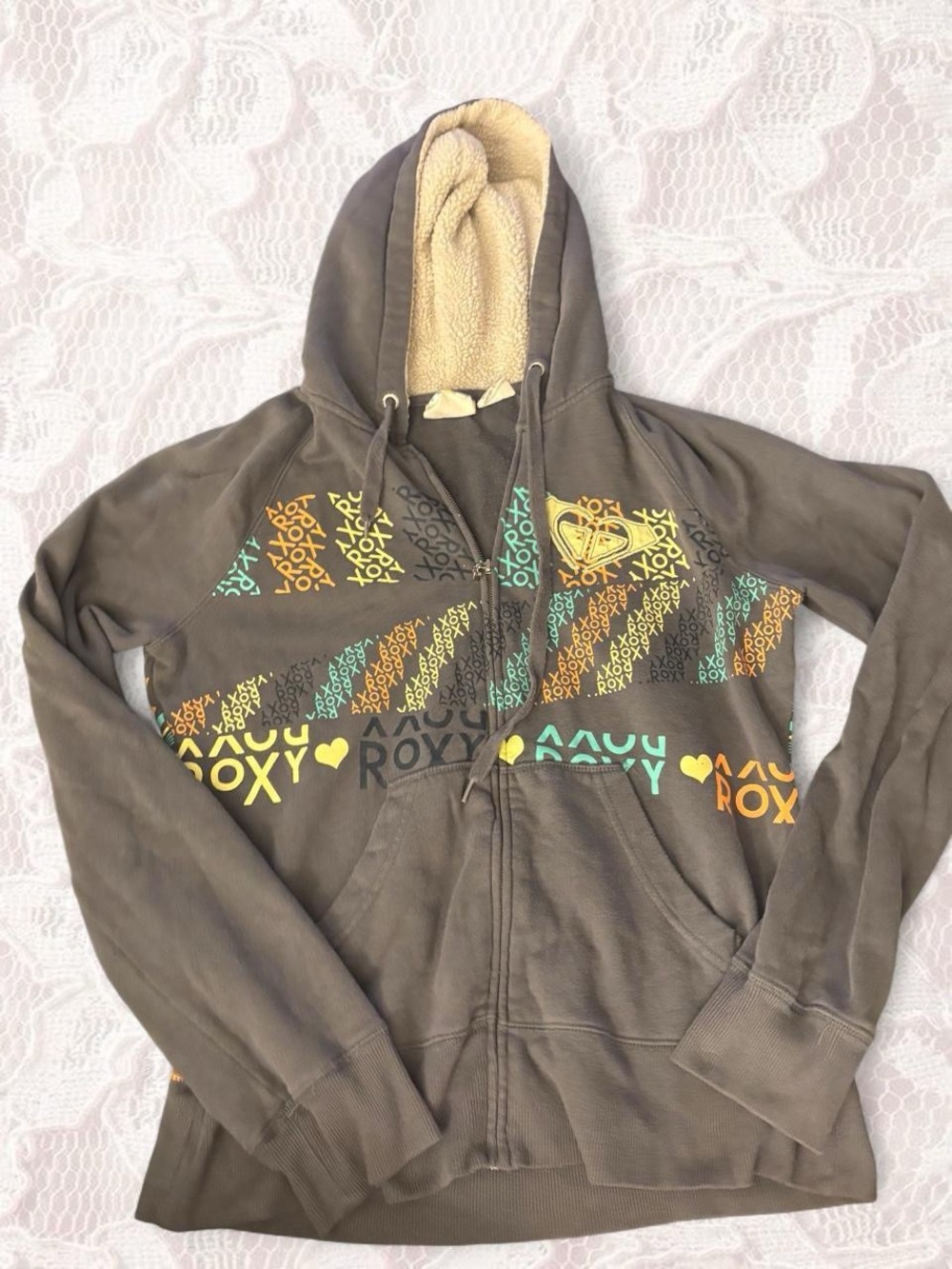 Roxy grey Hoodie with Teal and Yellow Graphic Accents